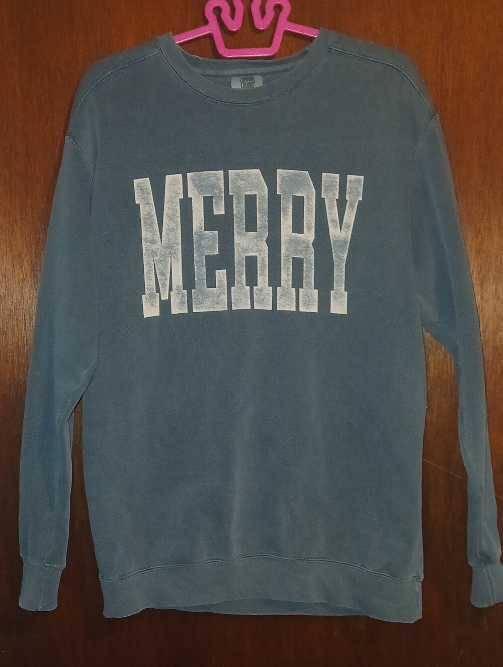 Comfort Colors Dusty Teal Sweatshirt w/ White 'MERRY' Graphic, Size XL Women's
